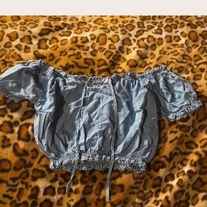 Love Tree Blue Puff Sleeve Crop Blouse